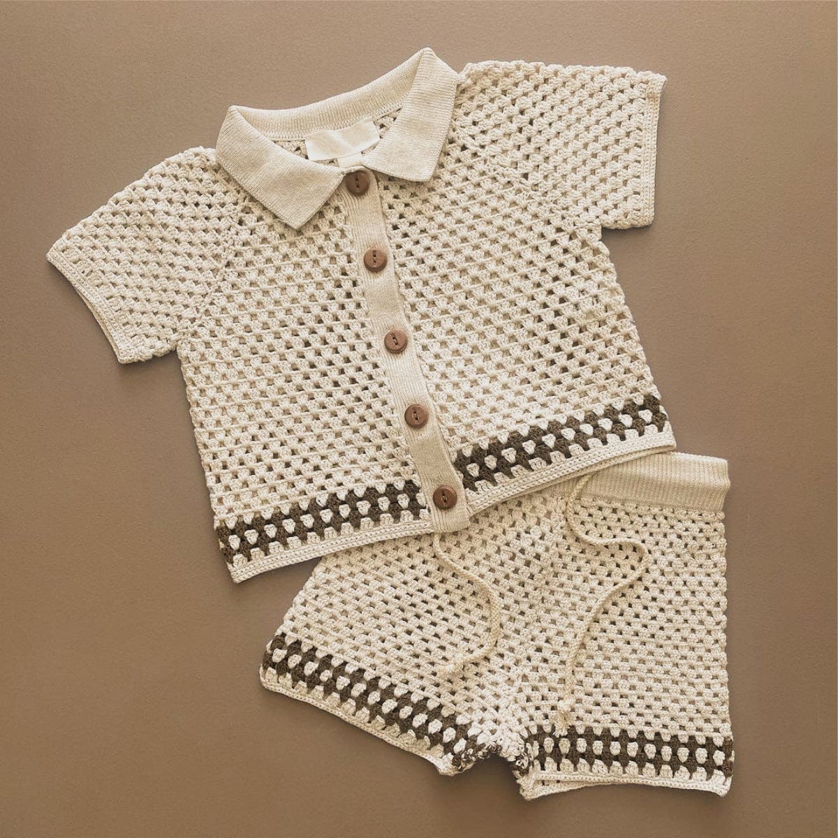 半袖セットアップ Milky suit (cardigan + pants) / 66cm ざっくりレースニット半袖シャツ+ショートパンツ【mh0010004】