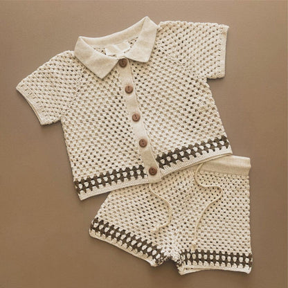 半袖セットアップ Milky suit (cardigan + pants) / 66cm ざっくりレースニット半袖シャツ+ショートパンツ【mh0010004】