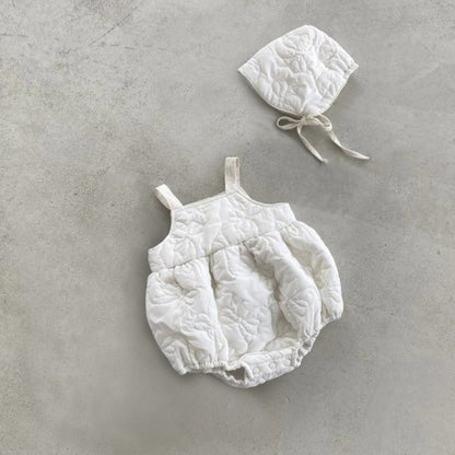 ノースリーブロンパース Milky White Suit (Jumpsuit + Hat) / 66cm Bow Padded Quilting Straps Jumpsuit リボン キルティング サロペット ロンパース【mh0011939】