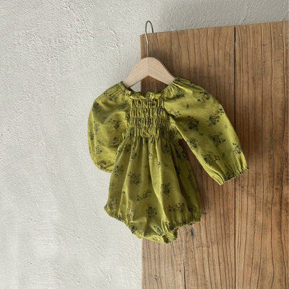 長袖ロンパース Mustard Yellow / 66cm ベビーロンパース フラワープリント長袖パフスリーブスモックボディスーツ【mh0009039】