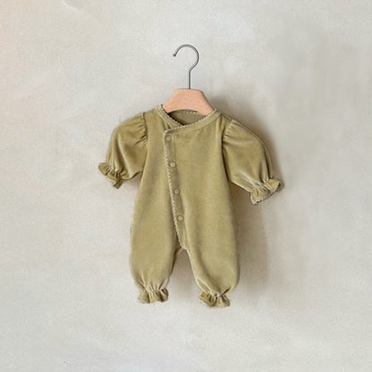 長袖ロンパース mustard yellow roasuit / 66cm 長袖パフスリーブジャンプスーツ ボンネット帽子セット【mh0009662】