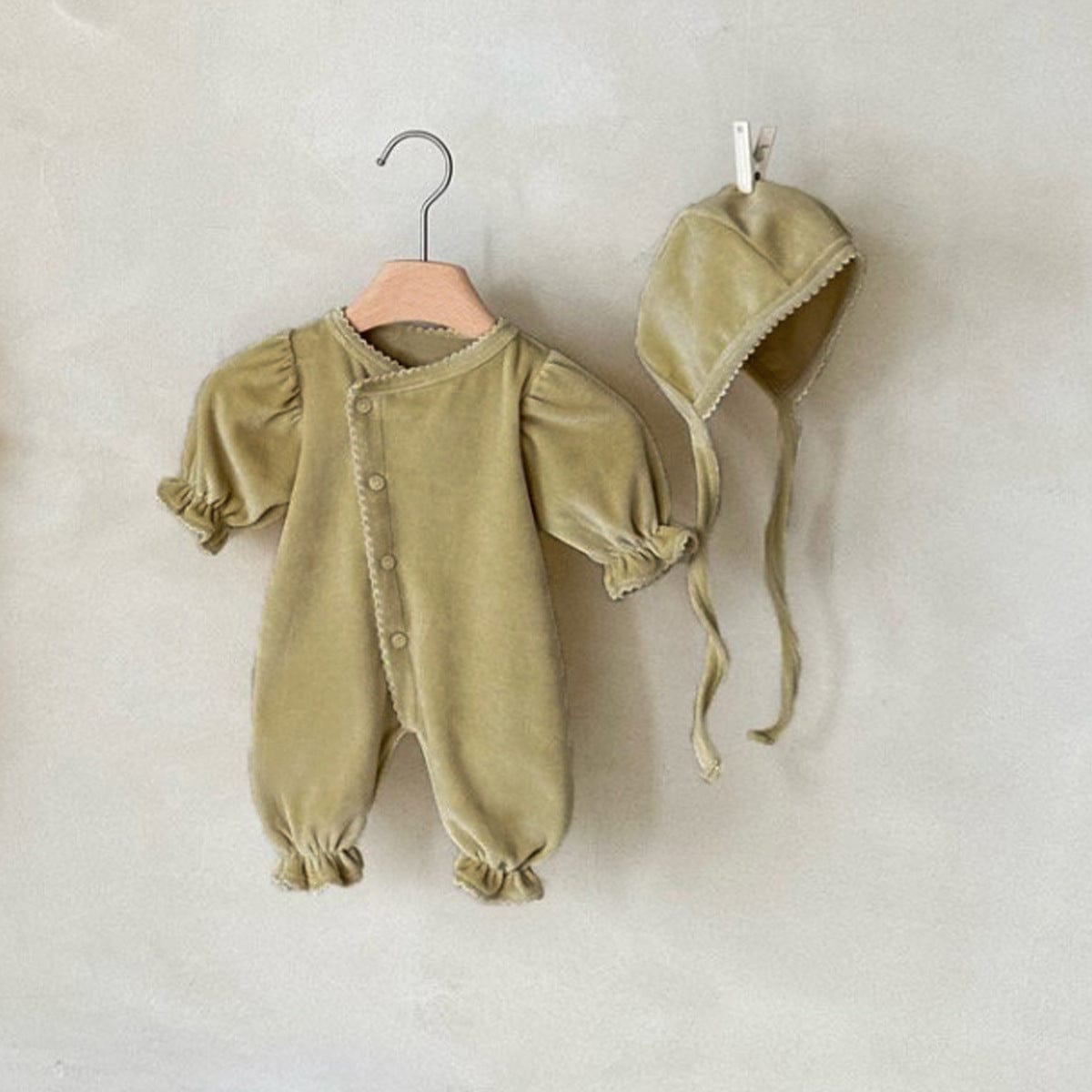 長袖ロンパース mustard yellow Set (Jumpsuit + Hat) / 66cm 長袖パフスリーブジャンプスーツ ボンネット帽子セット【mh0009662】