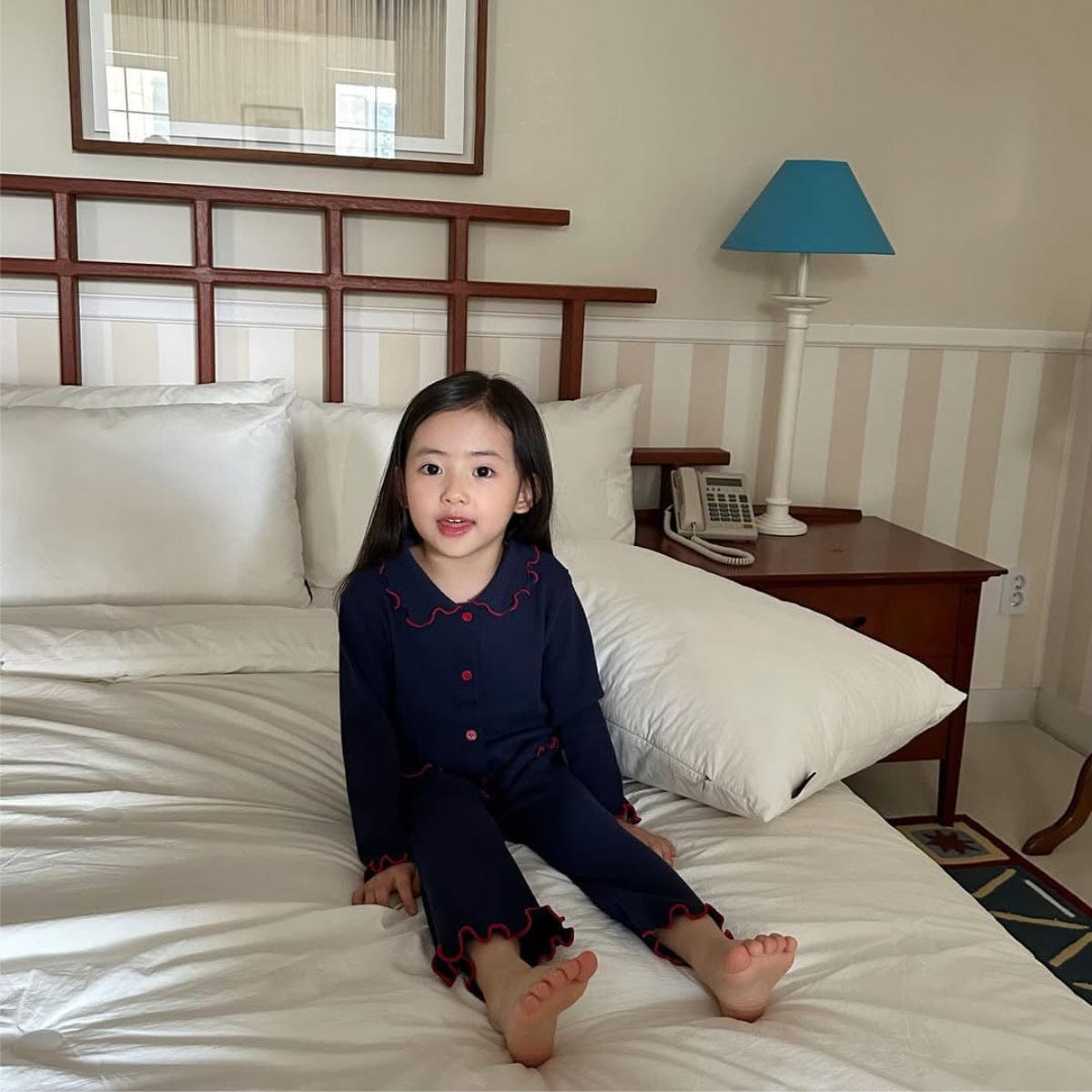 長袖セットアップ Navy Blue / 73cm ワッフル生地セットアップ メロウフリル カーディガン リブレギンス 2点セット【mh0010895】