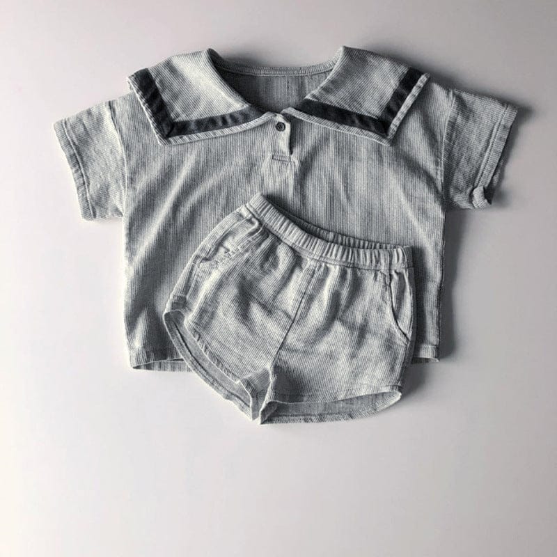 半袖セットアップ Navy Blue / 80cm セーラーカラー半袖Tシャツ+ショートパンツマリンセットアップ 2点セット【mh0010000】