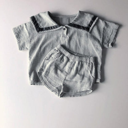半袖セットアップ Navy Blue / 80cm セーラーカラー半袖Tシャツ+ショートパンツマリンセットアップ 2点セット【mh0010000】