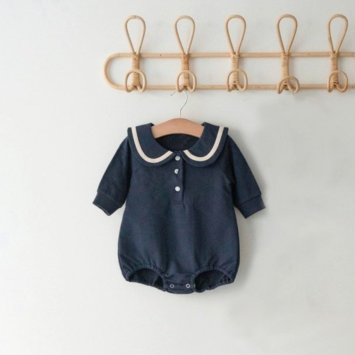 長袖ロンパース Navy Blue Bodysuit / 66cm セーラーカラーロンパース ボンネット付き 長袖スウェット ボディスーツ【mh0010884】