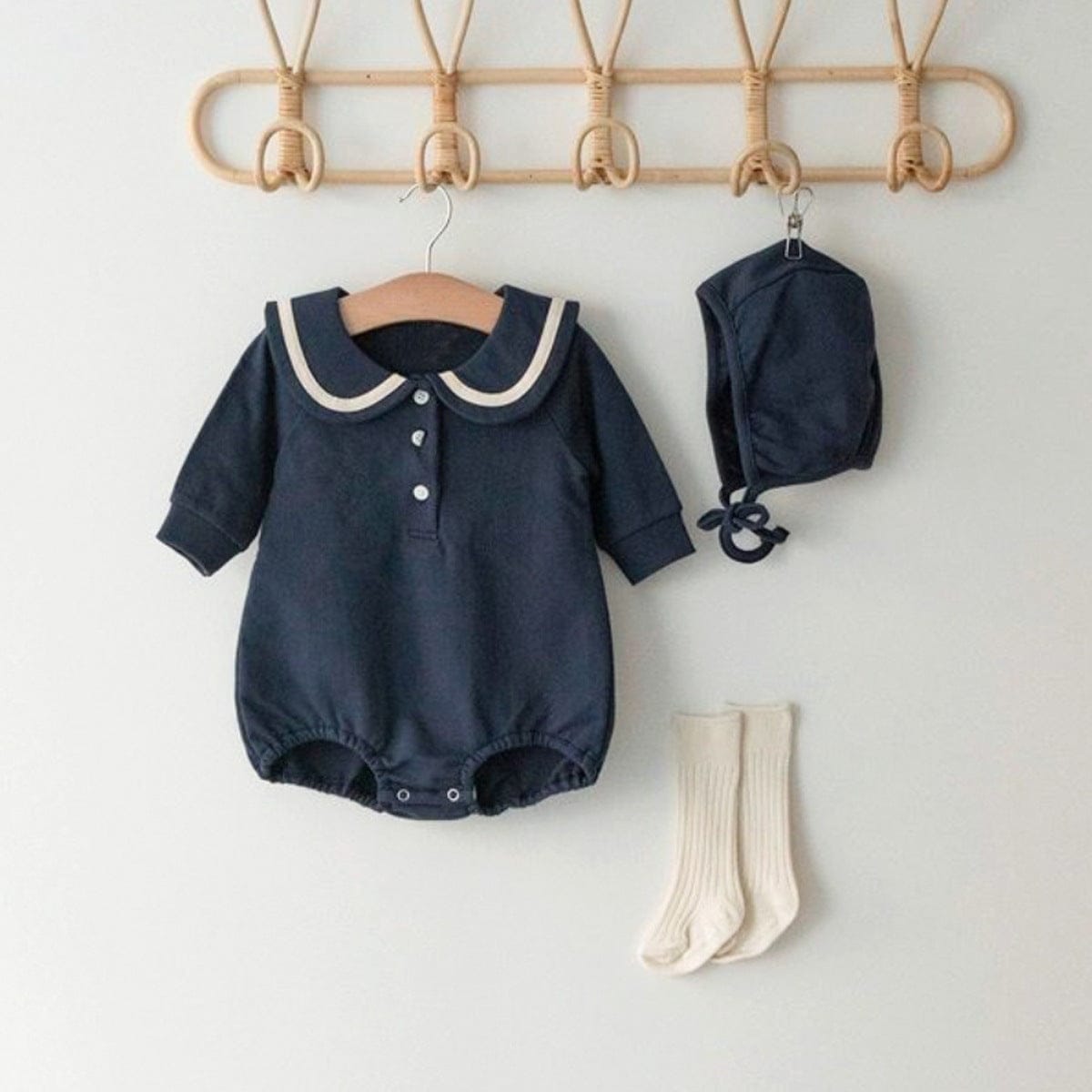 長袖ロンパース Navy Blue Bodysuit+Hat / 66cm セーラーカラーロンパース ボンネット付き 長袖スウェット ボディスーツ【mh0010884】