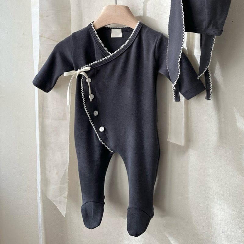 長袖ロンパース Navy Blue Jumpsuit / 66cm フロントリボンロンパース 足つきデザイン コットン新生児カバーオール【mh0010893】