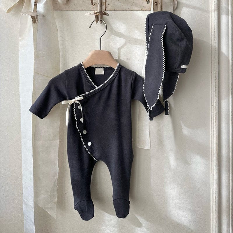 長袖ロンパース Navy Blue Set / 66cm フロントリボンロンパース 足つきデザイン コットン新生児カバーオール【mh0010893】