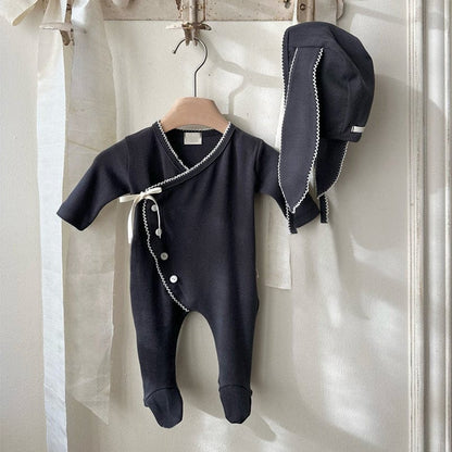 長袖ロンパース Navy Blue Set / 66cm フロントリボンロンパース 足つきデザイン コットン新生児カバーオール【mh0010893】