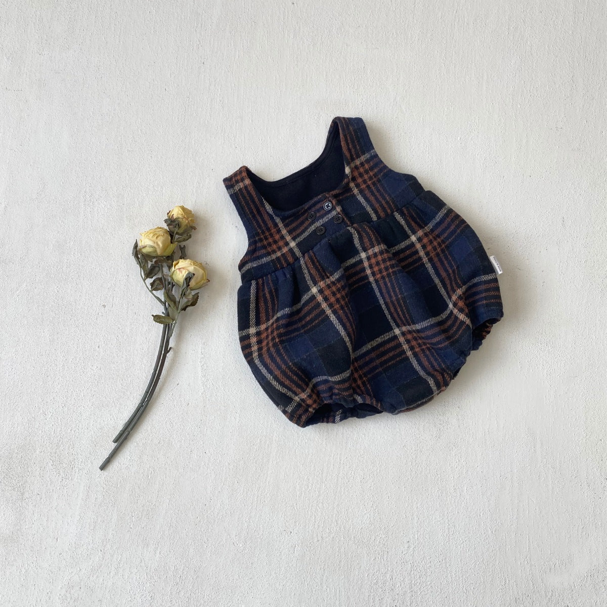 ノースリーブロンパース Navy Jumpsuit / 66cm Tartan Plush Vest Romper Set タータンチェック 裏フリース ロンパース【mh0011852】