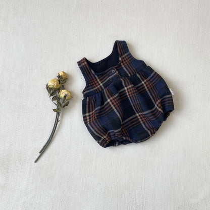ノースリーブロンパース Navy Jumpsuit / 66cm Tartan Plush Vest Romper Set タータンチェック 裏フリース ロンパース【mh0011852】