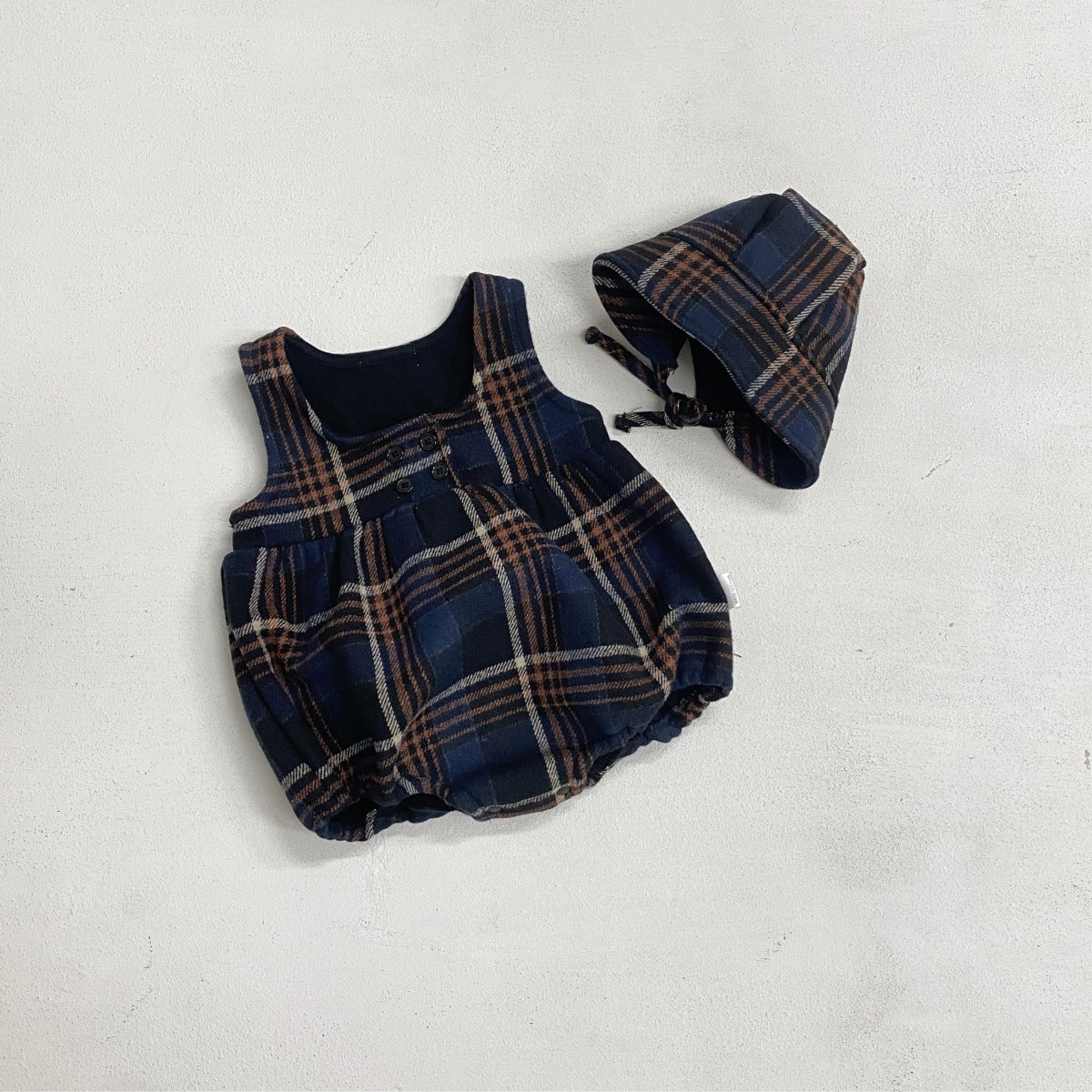 ノースリーブロンパース Navy Set (Jumpsuit + Hat) / 66cm Tartan Plush Vest Romper Set タータンチェック 裏フリース ロンパース【mh0011852】