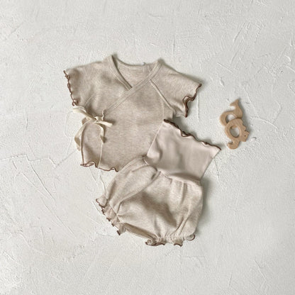 半袖セットアップ Oatmeal Set (Top + High-waisted Belly Pants 2-Piece Set) / 66cm メロウフリルワッフル半袖肌着+ハイウエストパンツ/とんがりキャップ帽子【mh0009992】