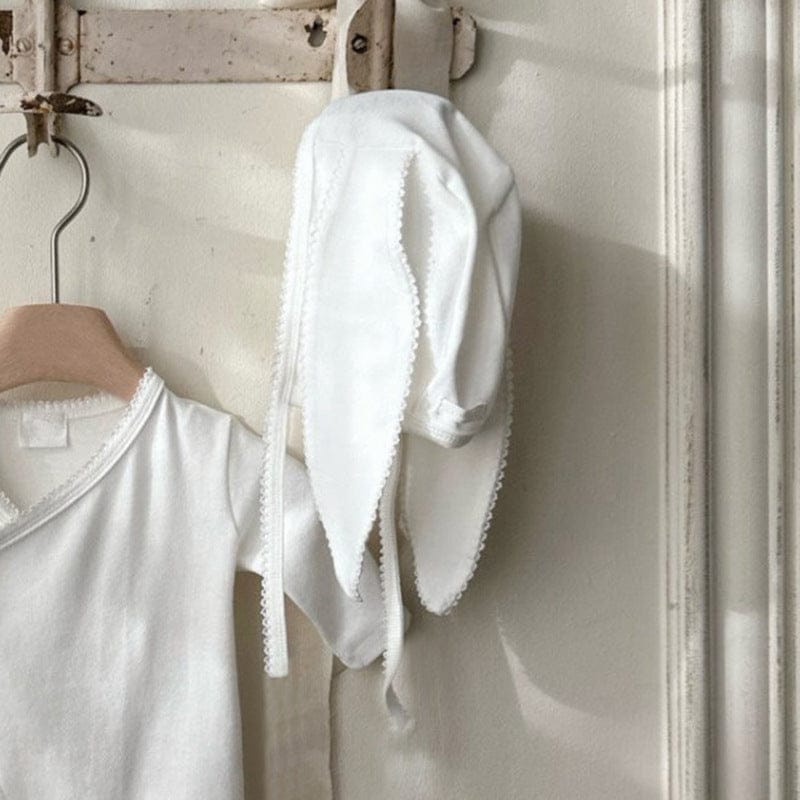 長袖ロンパース Off-white Hat / One Size フロントリボンロンパース 足つきデザイン コットン新生児カバーオール【mh0010893】