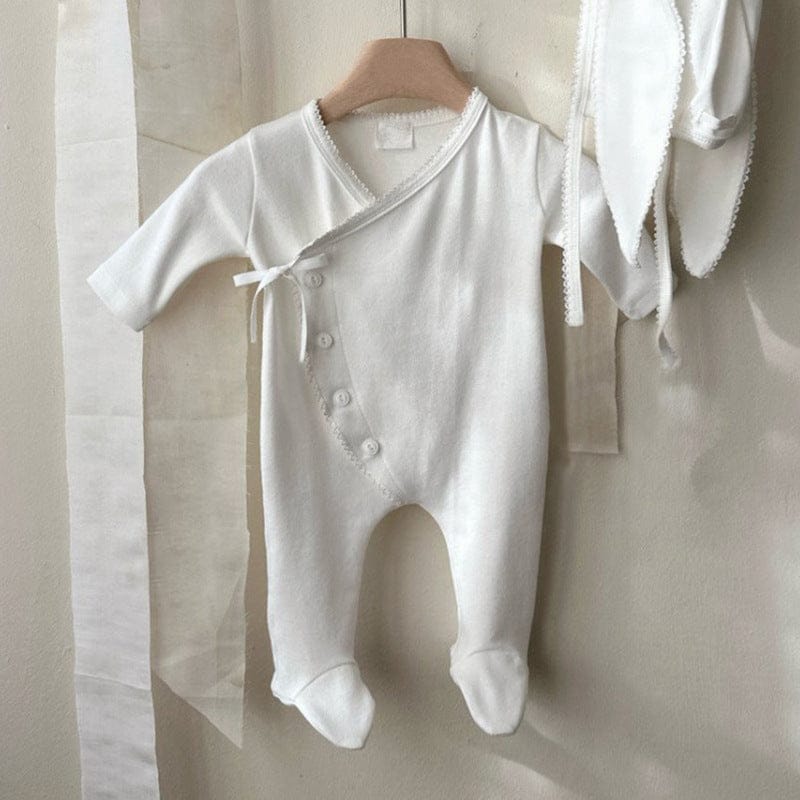 長袖ロンパース Off-white Jumpsuit / 66cm フロントリボンロンパース 足つきデザイン コットン新生児カバーオール【mh0010893】