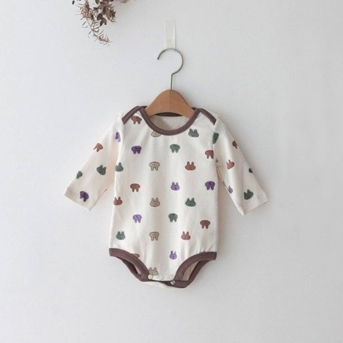 長袖ロンパース Off-white Jumpsuit / 66cm 長袖ロンパース コットン うさ耳ボンネット 帽子セット【mh0011357】