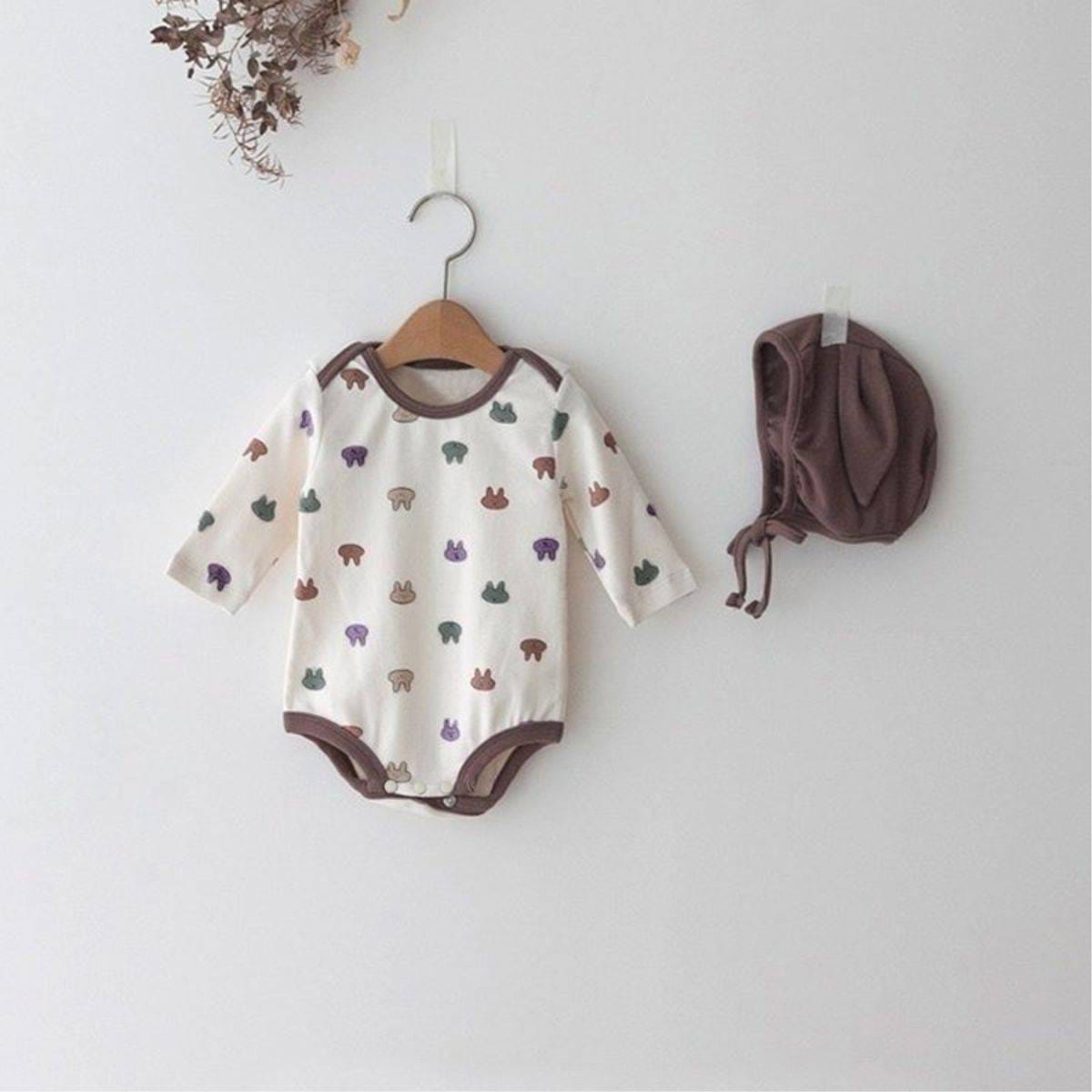 長袖ロンパース Off-white Set (Jumpsuit + Coffee Hat) / 66cm 長袖ロンパース コットン うさ耳ボンネット 帽子セット【mh0011357】