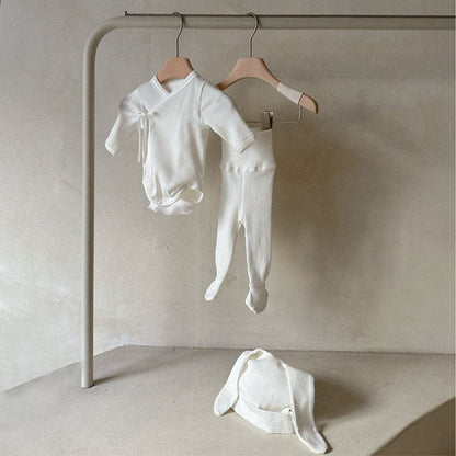 ロンパースセットアップ Off-white three-piece set (jumpsuit + pants + hat) / 66cm 長袖ベビー肌着ロンパース+足付きレギンスパンツ+うさ耳帽子セット【mh0010599】