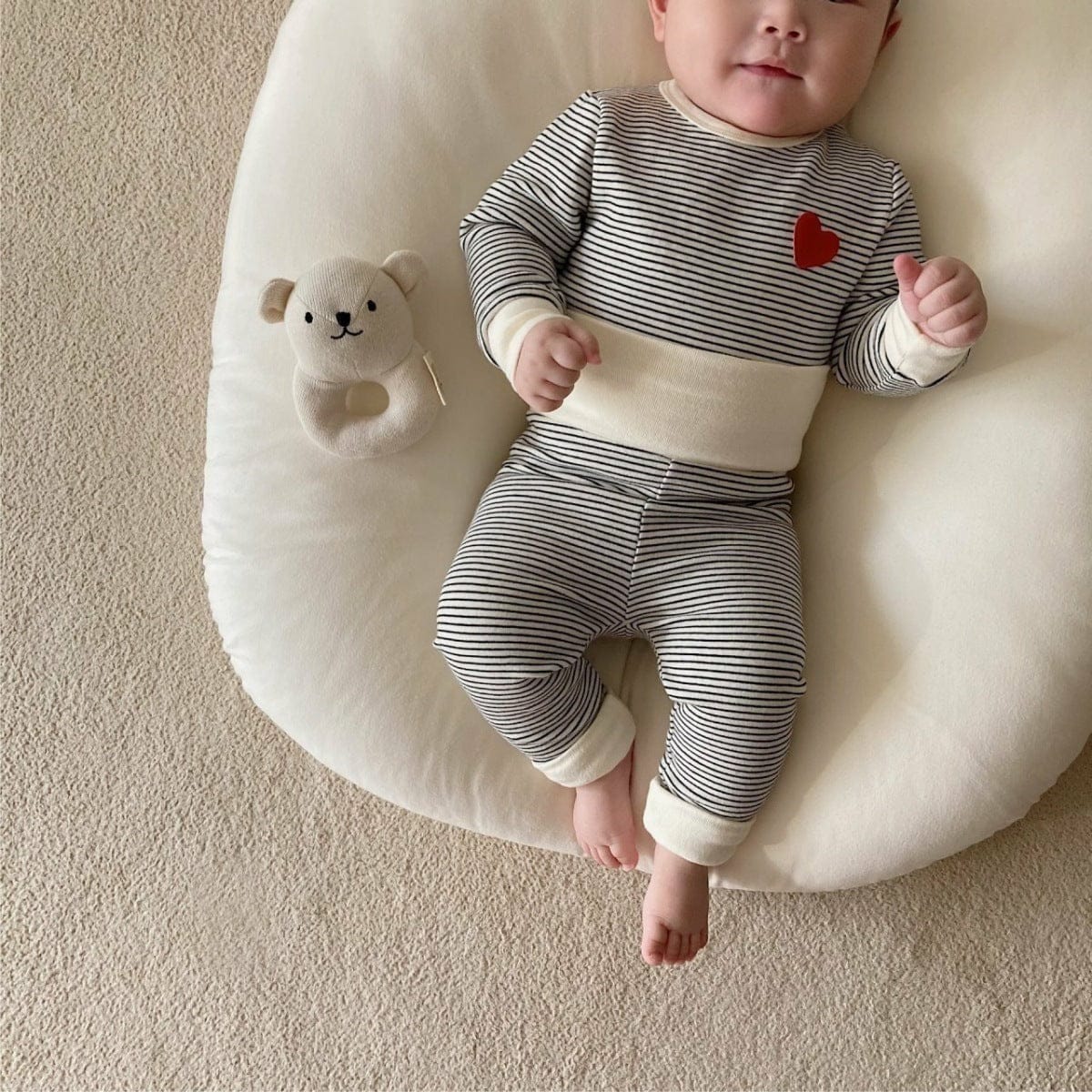 ロンパースセットアップ Off-white two-piece set (jumpsuit + pants) / 66cm ベビーセットアップ 2点セット ボーダー長袖パジャマセット 長袖ボディスーツ+ハイウェストパンツ+ヘアバンドセット【mh0009025】