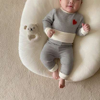 ロンパースセットアップ Off-white two-piece set (jumpsuit + pants) / 66cm ベビーセットアップ 2点セット ボーダー長袖パジャマセット 長袖ボディスーツ+ハイウェストパンツ+ヘアバンドセット【mh0009025】