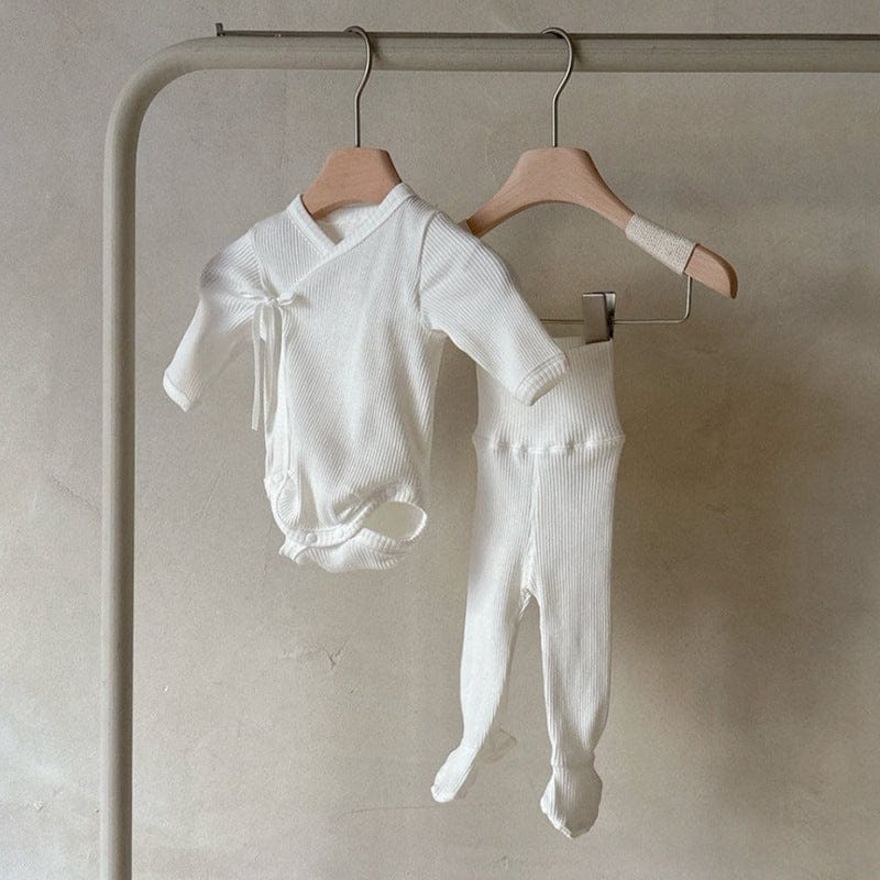 ロンパースセットアップ Off-white two-piece set (jumpsuit + pants) / 66cm 長袖ベビー肌着ロンパース+足付きレギンスパンツ+うさ耳帽子セット【mh0010599】