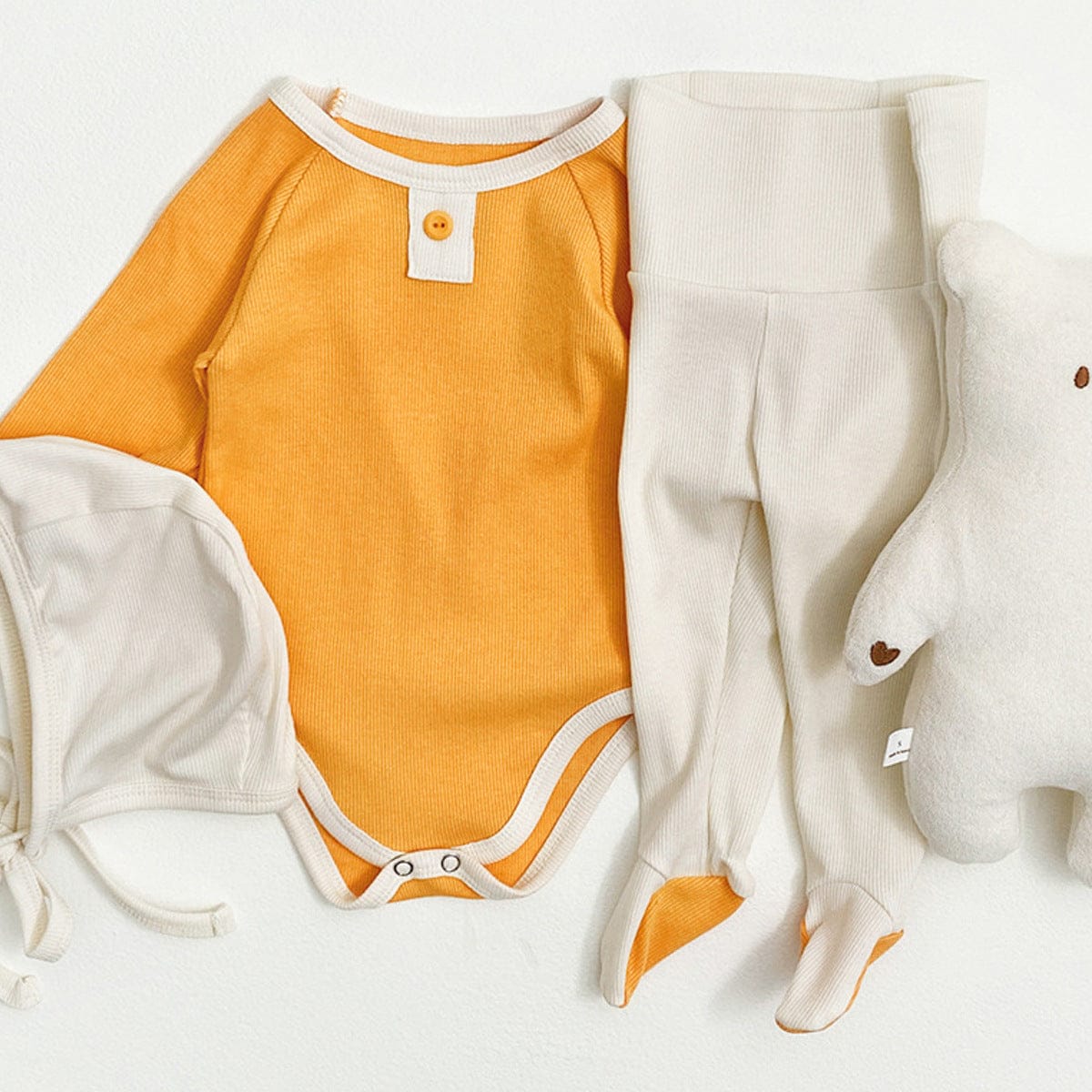 ロンパースセットアップ Orange Beige 2-Piece Set (Jumpsuit + High-Waisted Pants) / 66cm バイカラー長袖ロンパース+足付きレギンスパンツ+ボンネット帽子セット【mh0010604】