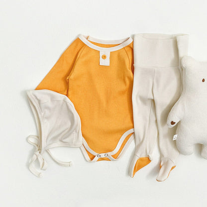 ロンパースセットアップ Orange Beige 3-Piece Set (Jumpsuit + High-Waisted Pants + Hat) / 66cm バイカラー長袖ロンパース+足付きレギンスパンツ+ボンネット帽子セット【mh0010604】
