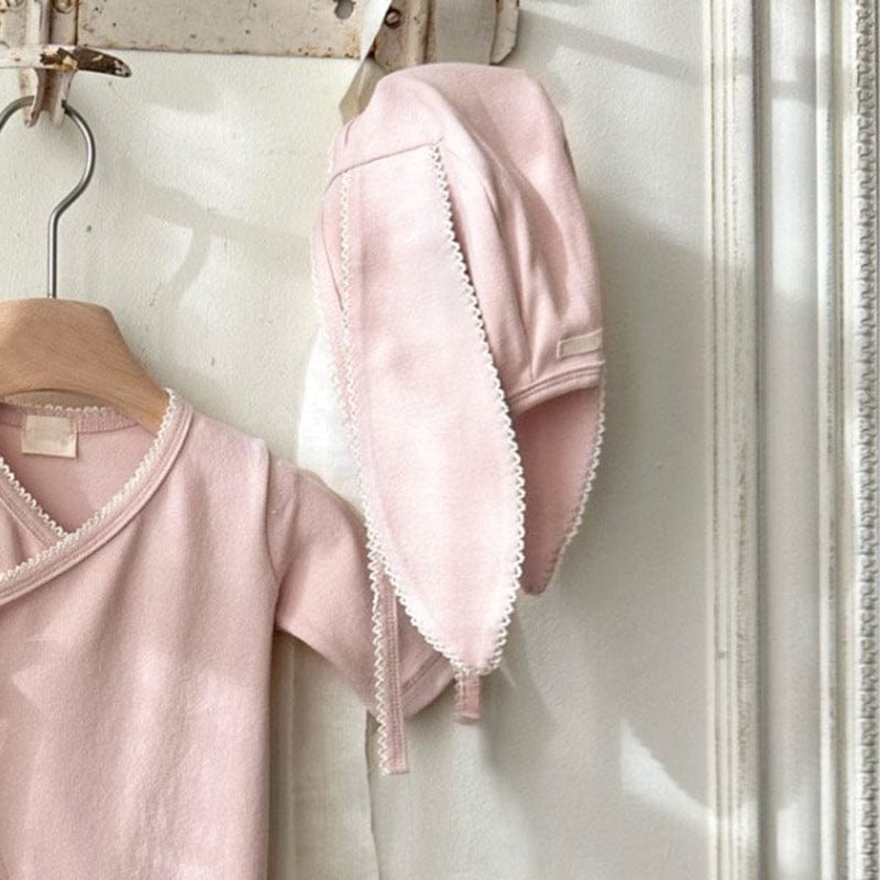 長袖ロンパース Pale Pink Hat / One Size フロントリボンロンパース 足つきデザイン コットン新生児カバーオール【mh0010893】