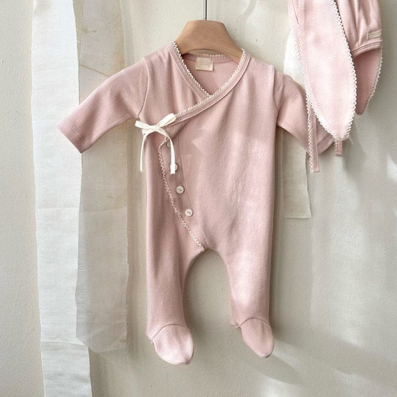 長袖ロンパース Pale Pink Jumpsuit / 66cm フロントリボンロンパース 足つきデザイン コットン新生児カバーオール【mh0010893】