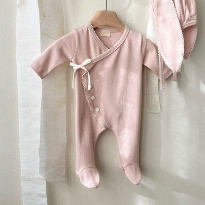 長袖ロンパース Pale Pink Jumpsuit / 66cm フロントリボンロンパース 足つきデザイン コットン新生児カバーオール【mh0010893】