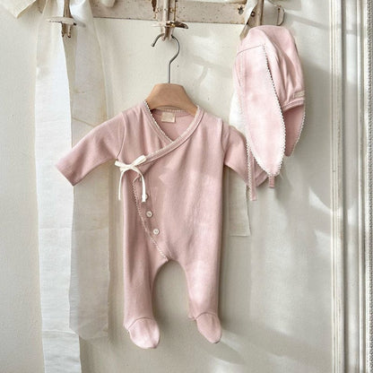 長袖ロンパース Pale Pink Set / 66cm フロントリボンロンパース 足つきデザイン コットン新生児カバーオール【mh0010893】