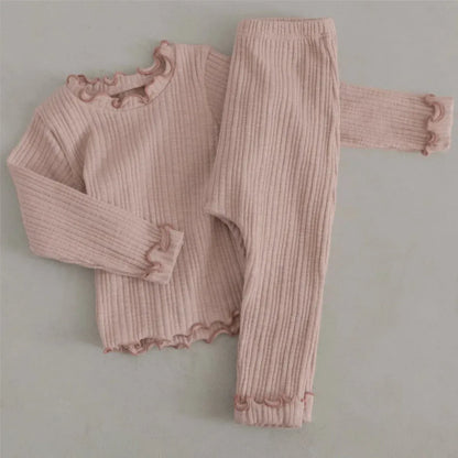 長袖セットアップ Pink / 66cm 0-6m ベビーセットアップ 2点セット プリーツ加工フリル長袖Tシャツ+プリーツ加工ロングパンツ 5カラー【mh0007089】