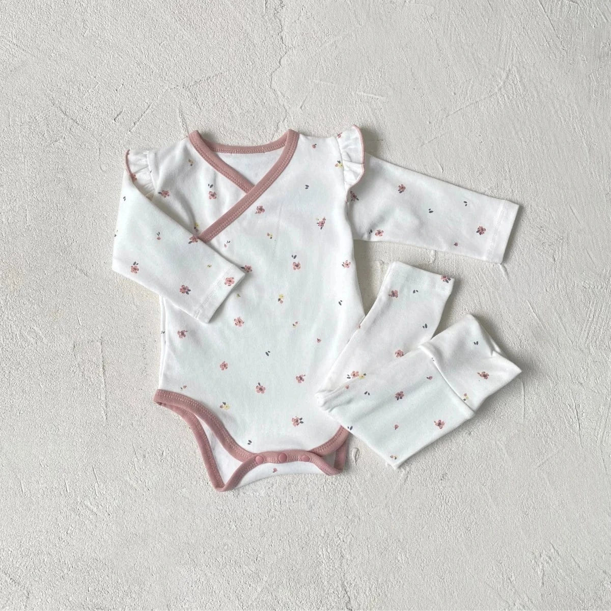 ロンパースセットアップ Pink / 6M  66CM ベビーセットアップ 2点セット フラワープリント肌着ボディスーツ+ハイウェストレギンスパンツ【mh0007950】