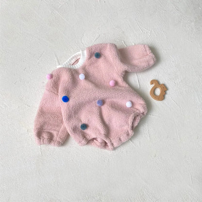 長袖ロンパース Pink / 6M  66CM ベビーロンパース カラフルぽんぽんボアフリース長袖ボディスーツ【mh0008146】