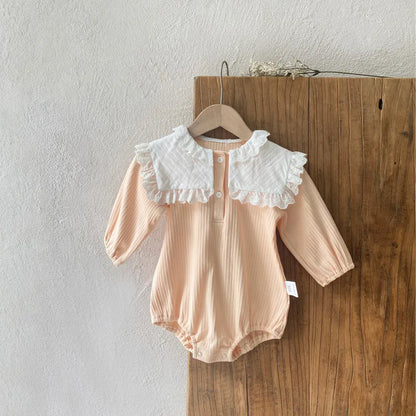 長袖ロンパース Pink / 6M  66CM ベビーロンパース ビッグフリル襟長袖ボディスーツ【mh0008583】