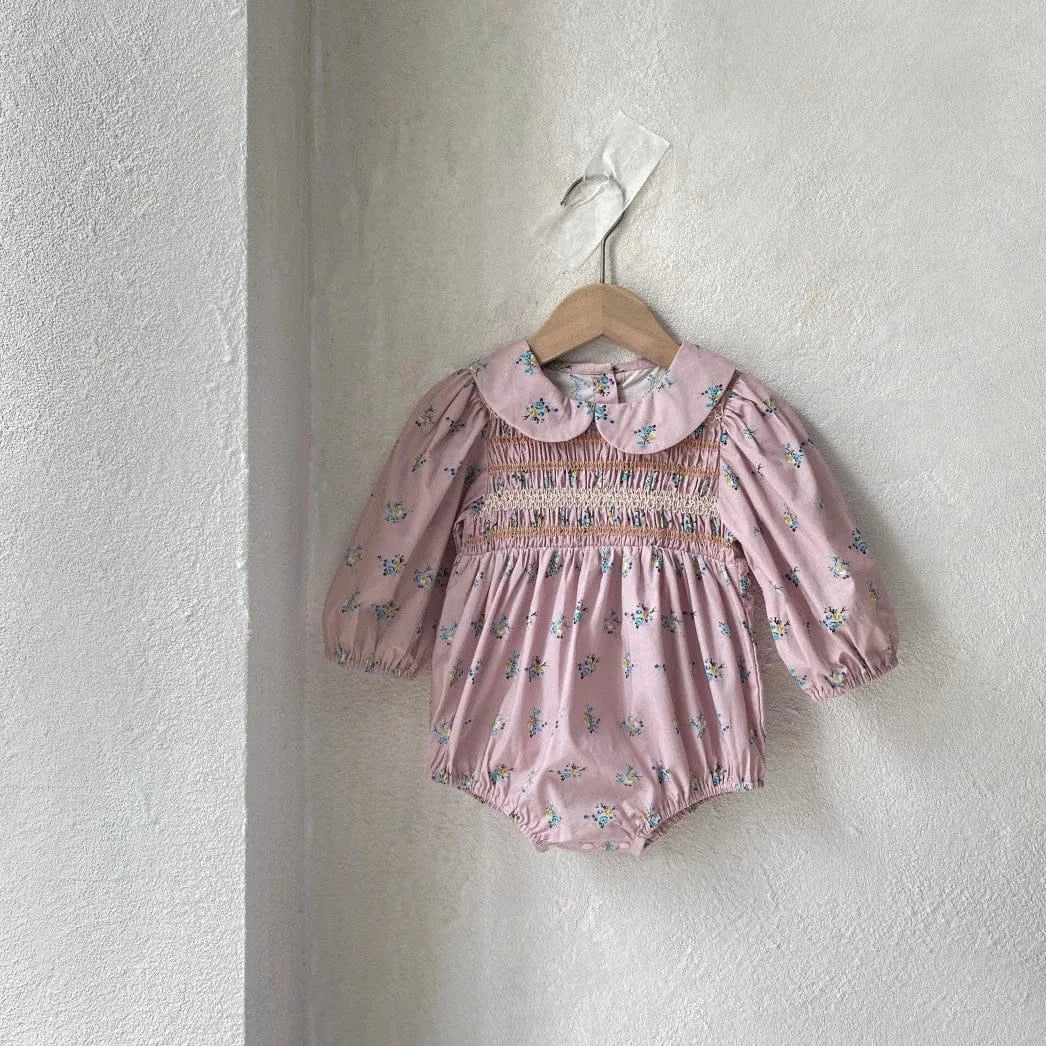 長袖ロンパース Pink / 6M  66CM ベビーロンパース フラワープリントシャーリング丸襟長袖ボディスーツ【mh0008598】