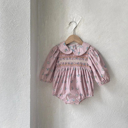 長袖ロンパース Pink / 6M  66CM ベビーロンパース フラワープリントシャーリング丸襟長袖ボディスーツ【mh0008598】