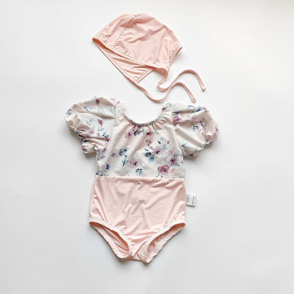 ベビー用水着 Pink / 73cm ベビー 水着 フラワー 花柄 ドッキング 半袖 パフスリーブ ワンピース 帽子 セット スイムウェア ピンク ガールズ【mh0002069】