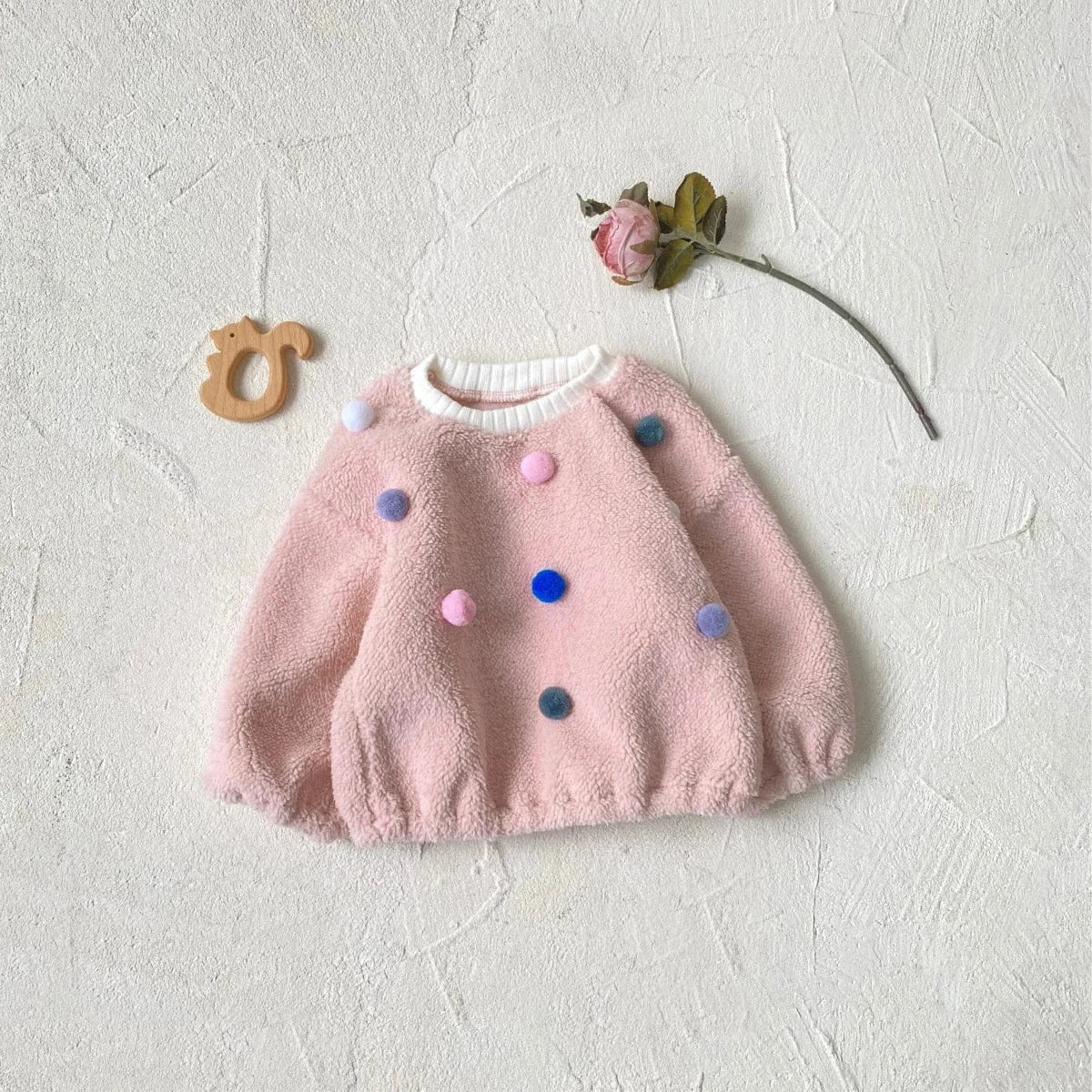 トレーナー・フーディ Pink / 9M  73CM ベビートップス カラフルぽんぽん水玉ドットボアフリース長袖プルオーバー【mh0008160】
