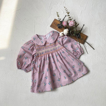 長袖ワンピース Pink / 9M  73CM ベビーワンピース フラワープリントシャーリング丸襟長袖ワンピース【mh0008599】