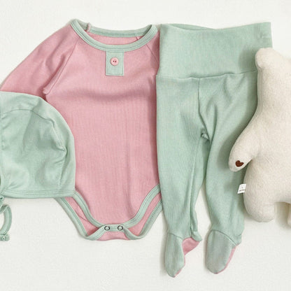 ロンパースセットアップ Pink and Green 2-Piece Set (Jumpsuit + High-Waisted Pants) / 66cm バイカラー長袖ロンパース+足付きレギンスパンツ+ボンネット帽子セット【mh0010604】