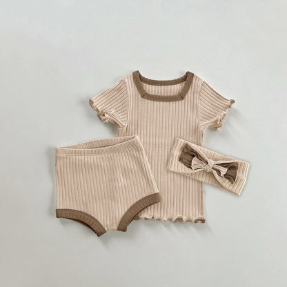 半袖セットアップ Pink apricot suit + headband / 66cm スクエアネック半袖Tシャツ+ブルマパンツ+リボンヘアバンドセットアップ 3点セット【mh0010007】