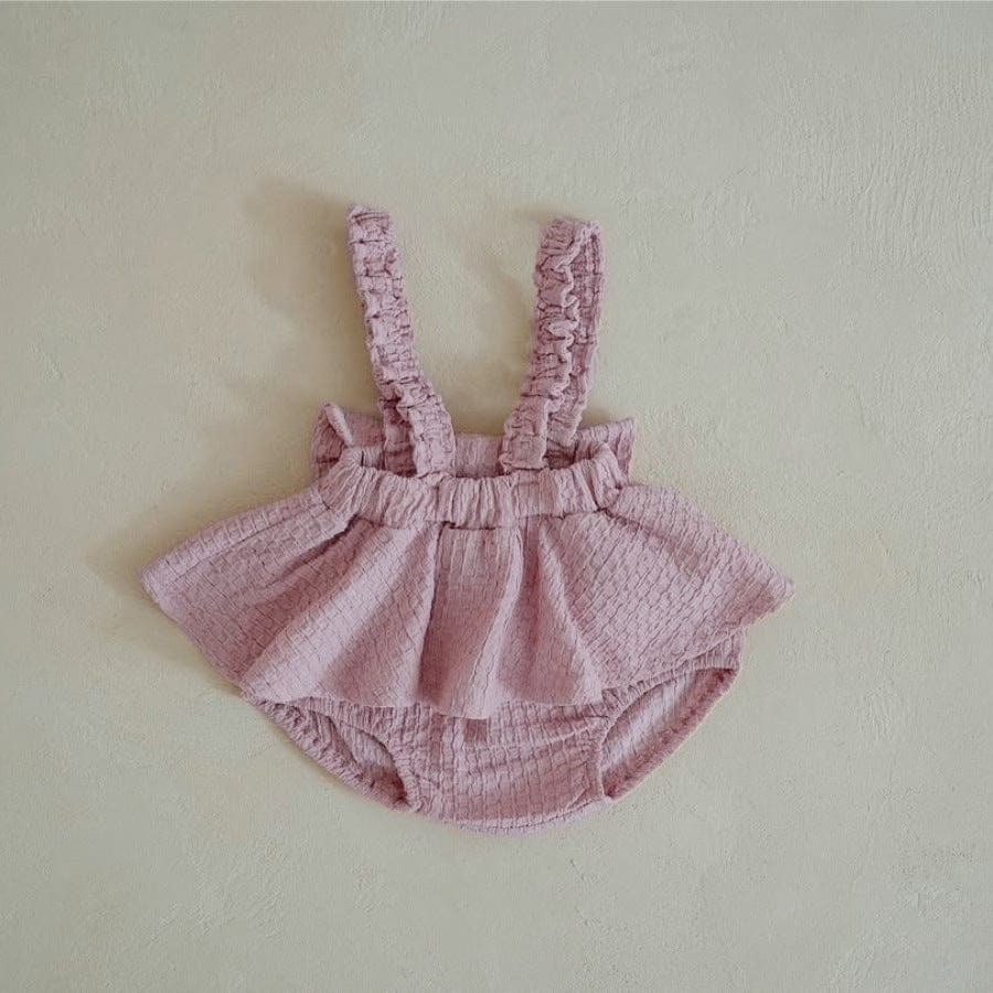 ブルマパンツ Pink bib jumpsuit / 66cm フリルショルダースカートサスペンダーブルマパンツ+ボンネット帽子セット【mh0009990】