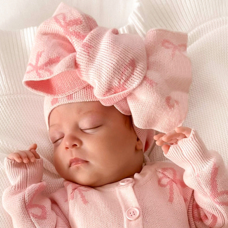 長袖ロンパース Pink Headband / One Size Baby Knit Romper Bow Jacquard ジャカードニット リボン ロンパース【mh0011858】