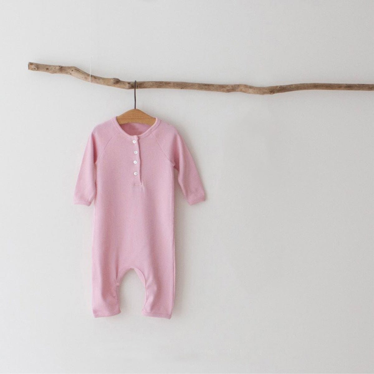 長袖ロンパース Pink Jumpsuit / 66cm とんがり帽子ロンパースセット ヘンリーネック リブ編み コットンカバーオール 2点セット【mh0010889】