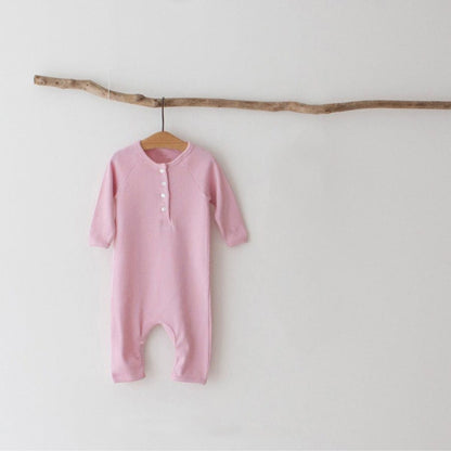 長袖ロンパース Pink Jumpsuit / 66cm とんがり帽子ロンパースセット ヘンリーネック リブ編み コットンカバーオール 2点セット【mh0010889】