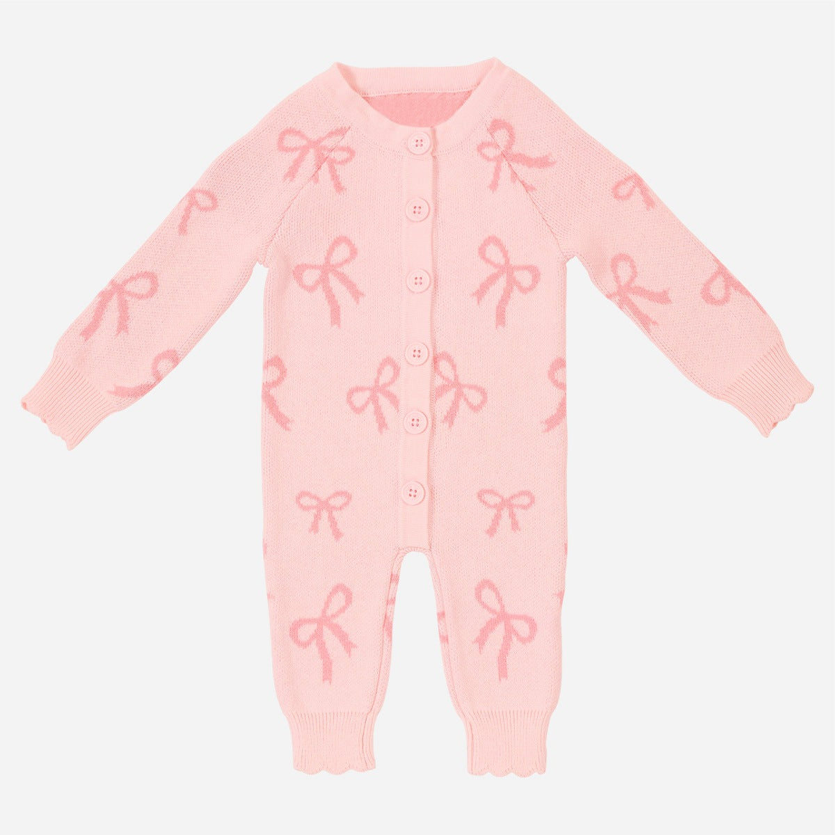 長袖ロンパース Pink Jumpsuit / 66cm Baby Knit Romper Bow Jacquard ジャカードニット リボン ロンパース【mh0011858】