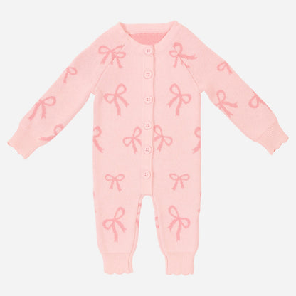長袖ロンパース Pink Jumpsuit / 66cm Baby Knit Romper Bow Jacquard ジャカードニット リボン ロンパース【mh0011858】