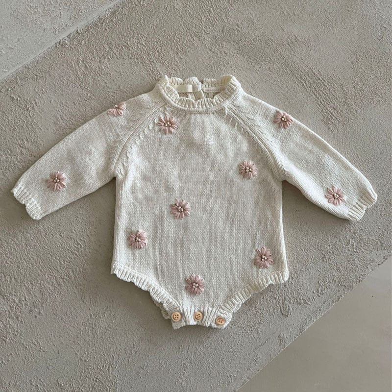 長袖ロンパース Pink Jumpsuit / 66cm ぷっくり刺繍フラワーニットロンパース メロウ 長袖ベビーカバーオール【mh0010894】